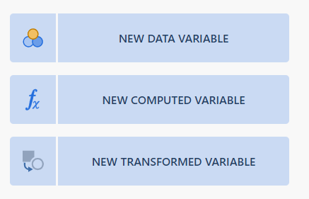 Image of three buttons in jamovi.  Top button says "new data variable", second says "new computed variable", third says "new transformed variable"